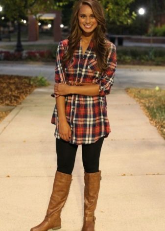 Checked shirt dress with leggings and brown boots without heels