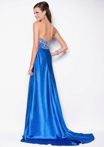 Blue satin dress with a train