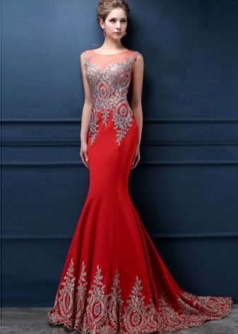 Red evening dress with a train