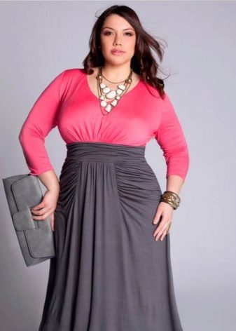 A dress in a floor with a top of pink color with a long sleeve and a skirt of gray color for full