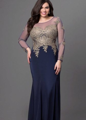 Long two-tone dress for full with a gold top with a long sleeve and a skirt of blue color