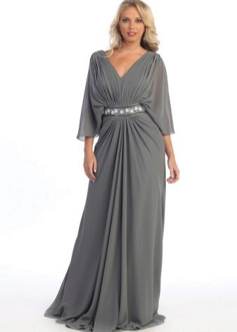 Gray floor-length dress with full V neck and long sleeves