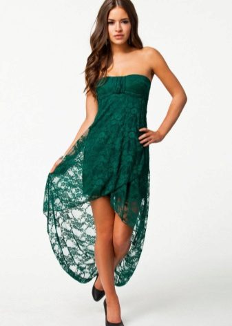 Mid-length green bandeau dress with asymmetrical skirt