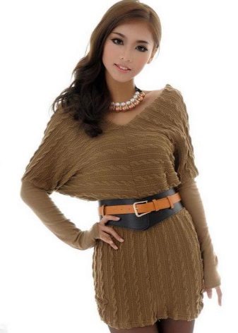 Mustard color bat dress with V-neckline knit dress