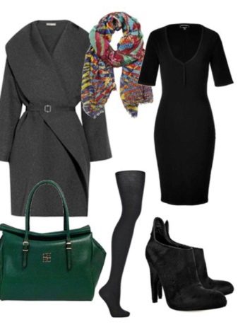 Gray coat to black sheath dress