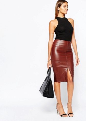 Brown leather pencil skirt