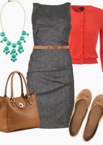 Terracotta blouse to gray sheath dress