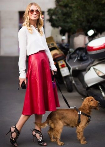 Bright red leather skirt midi length sun