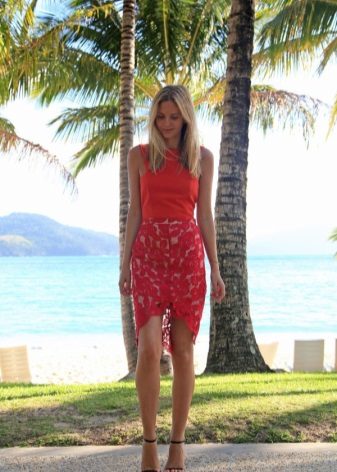 red ensemble with lace pencil skirt