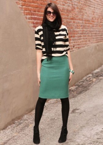 Green pencil skirt with striped top