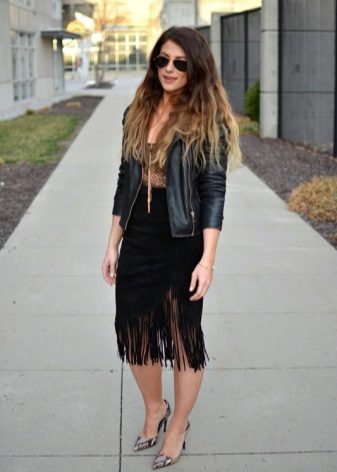 Black suede fringed skirt