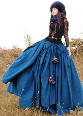 Long blue skirt sun in cotton fabric floor