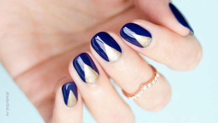 Blue Manicure with Gold Design