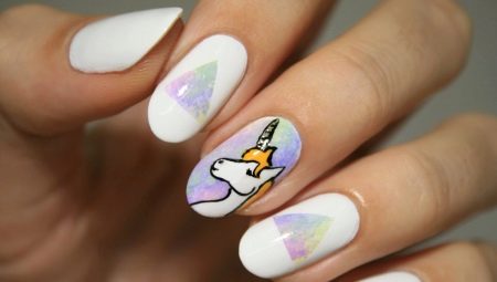 Unusual design manicure with a unicorn