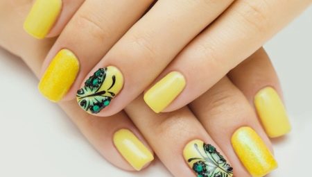Features yellow manicure on short nails