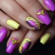 Features yellow-purple manicure