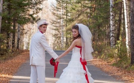 White wedding dress with red lacing