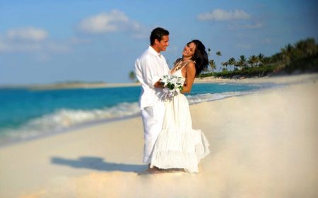 Knitted wedding dress on the beach