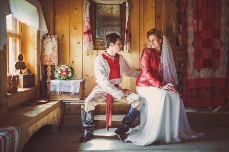 Wedding dress in Russian style with a veil