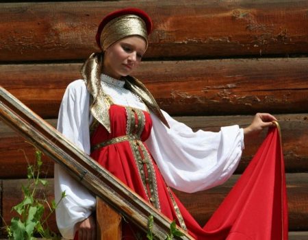 Wedding red dress in Russian style