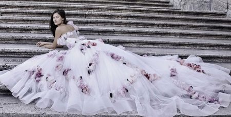 Wedding dress with train and flowers