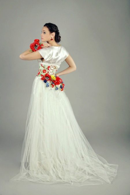 Wedding dress with red inserts on the dress