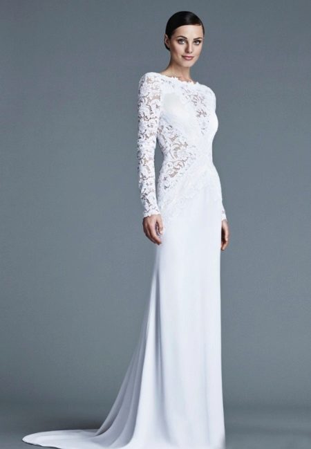 Closed wedding dress with lace inserts
