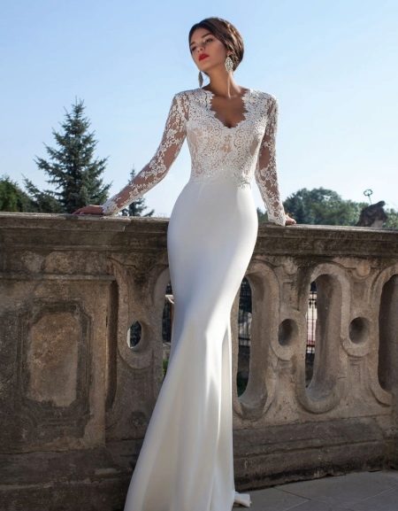Satin wedding dress with lace sheath