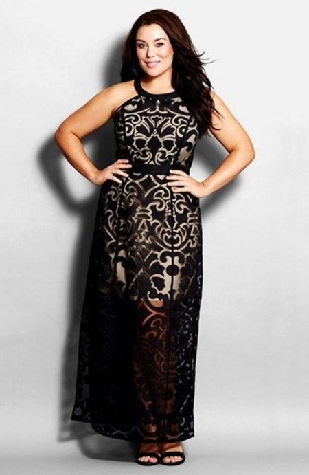 Black lace evening sheath dress for the full