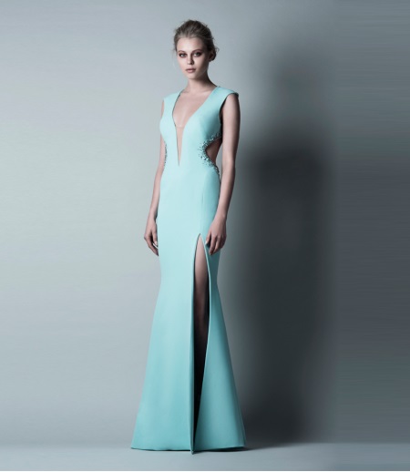 Turquoise evening dress by Saiid Kobeisy with a slit
