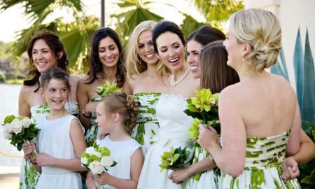 White dresses for bridesmaids with a print