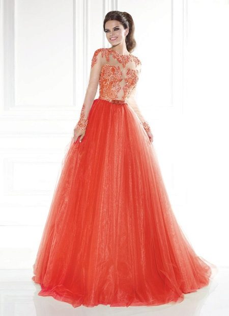 Evening orange dress to the floor with sleeves