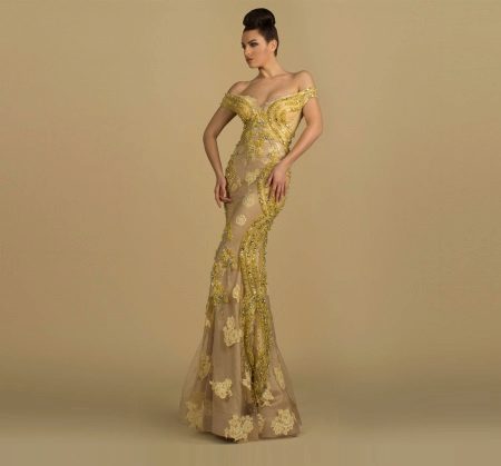 Yellow pattern on a beige base evening dress