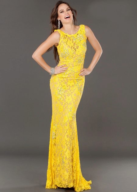 Lace yellow evening dress