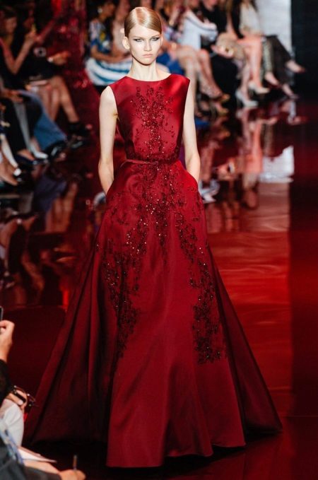 Burgundy brocade evening dress