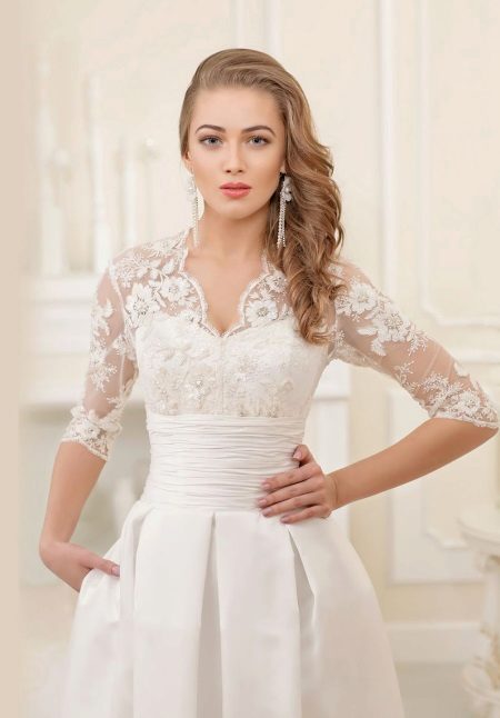 Wedding dress with lace top and belt