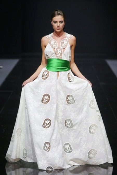 White cotton evening dress with lace inserts