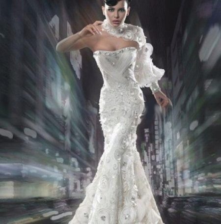 White glamorous evening dress with one sleeve