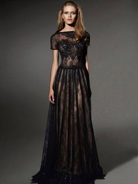 Evening dress with lace top