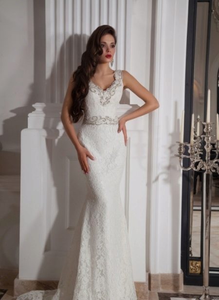Wedding dress with rhinestones decorated neckline