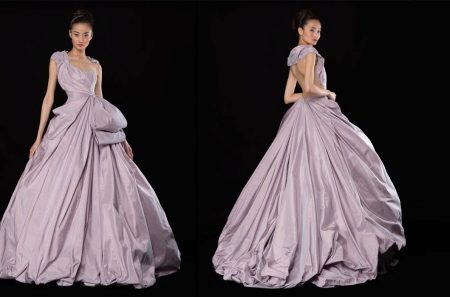 Purple fluffy silk evening dress