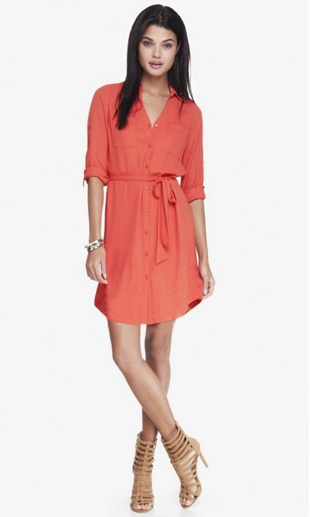 Coral Midi Length Shirt Dress