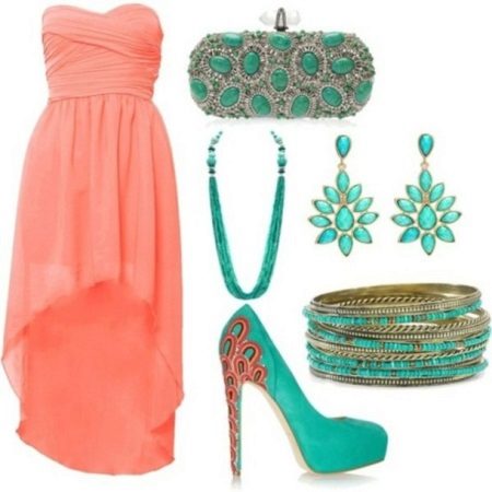 Coral dress with turquoise accessories