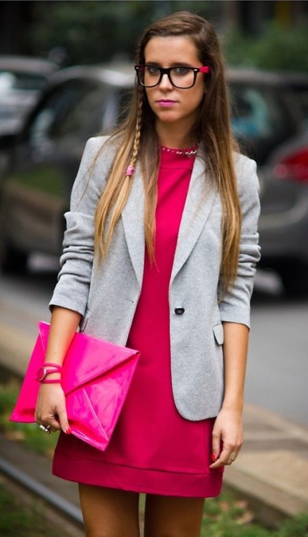 Fuchsia dress in combination with gray