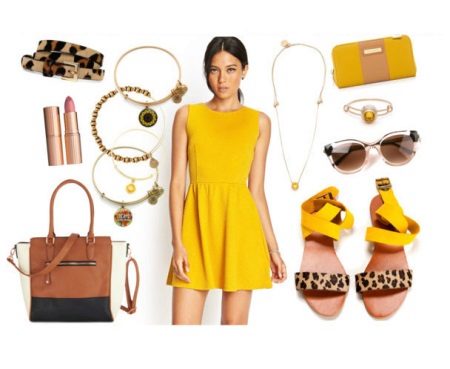 Accessories and shoes for a mustard dress