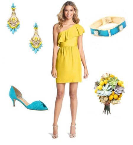 Mustard dress with turquoise sea green accessories