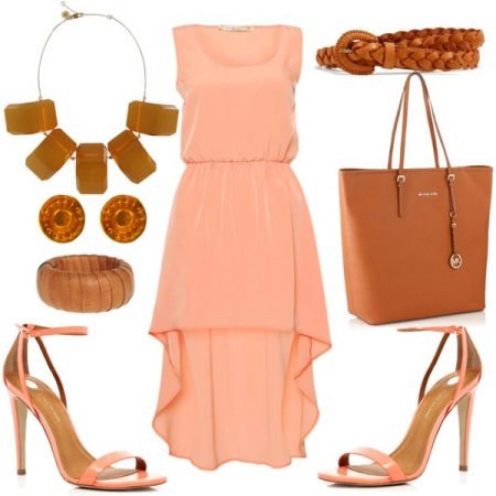Peach dress with brown accessories