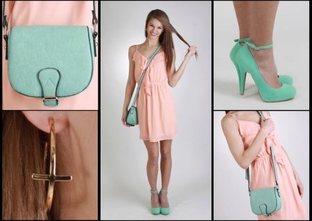 Peach dress with turquoise accessories