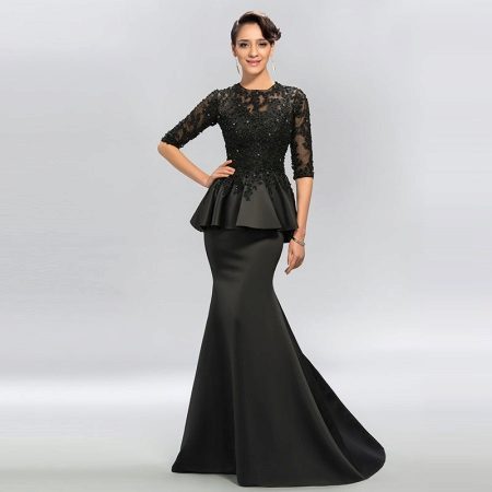 Black evening dress in a floor with basky