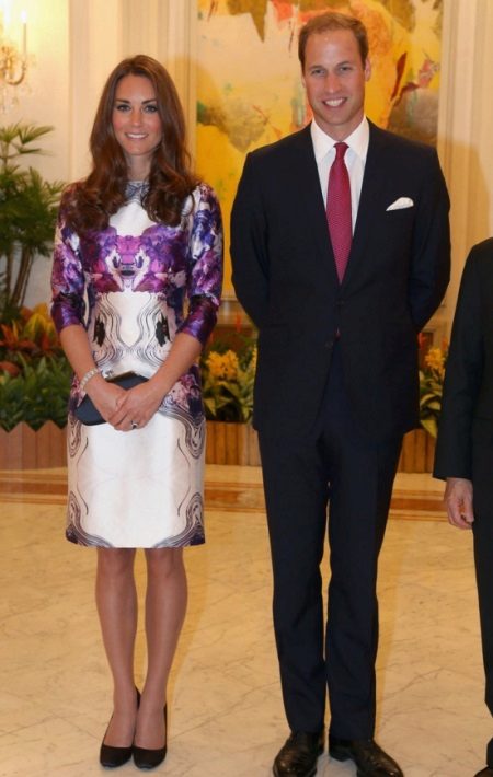 White-purple silk dress Kate Middleton midi length